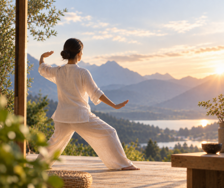 Frau uebt QiGong auf einer Terrasse mit Blick auf Berge und See im Morgenlicht